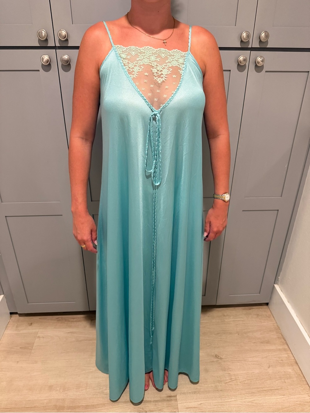 Vintage 1970s Rare René Light Blue Lace-Trim Slip Dress